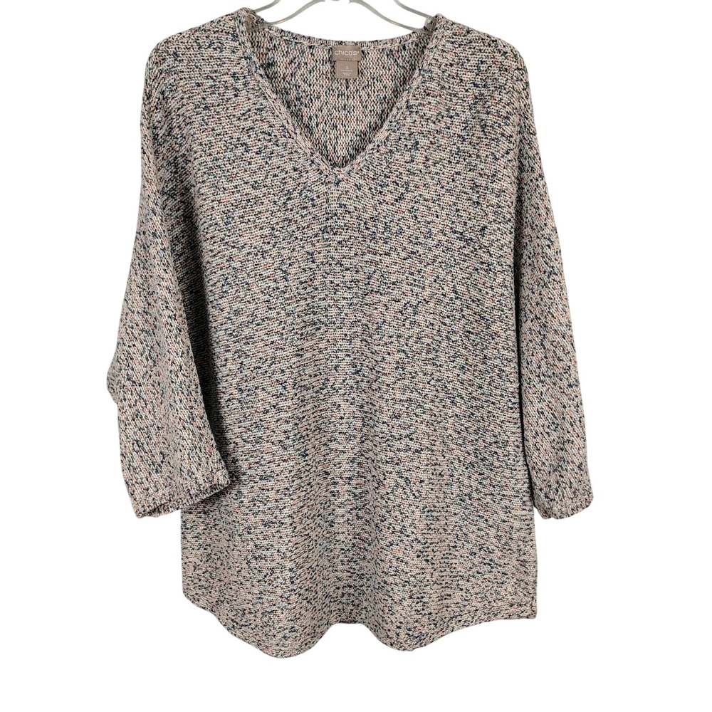 Chicos Womens XL V-Neck Marled Sweater Multicolor Cotton Blend Coastal Grandma